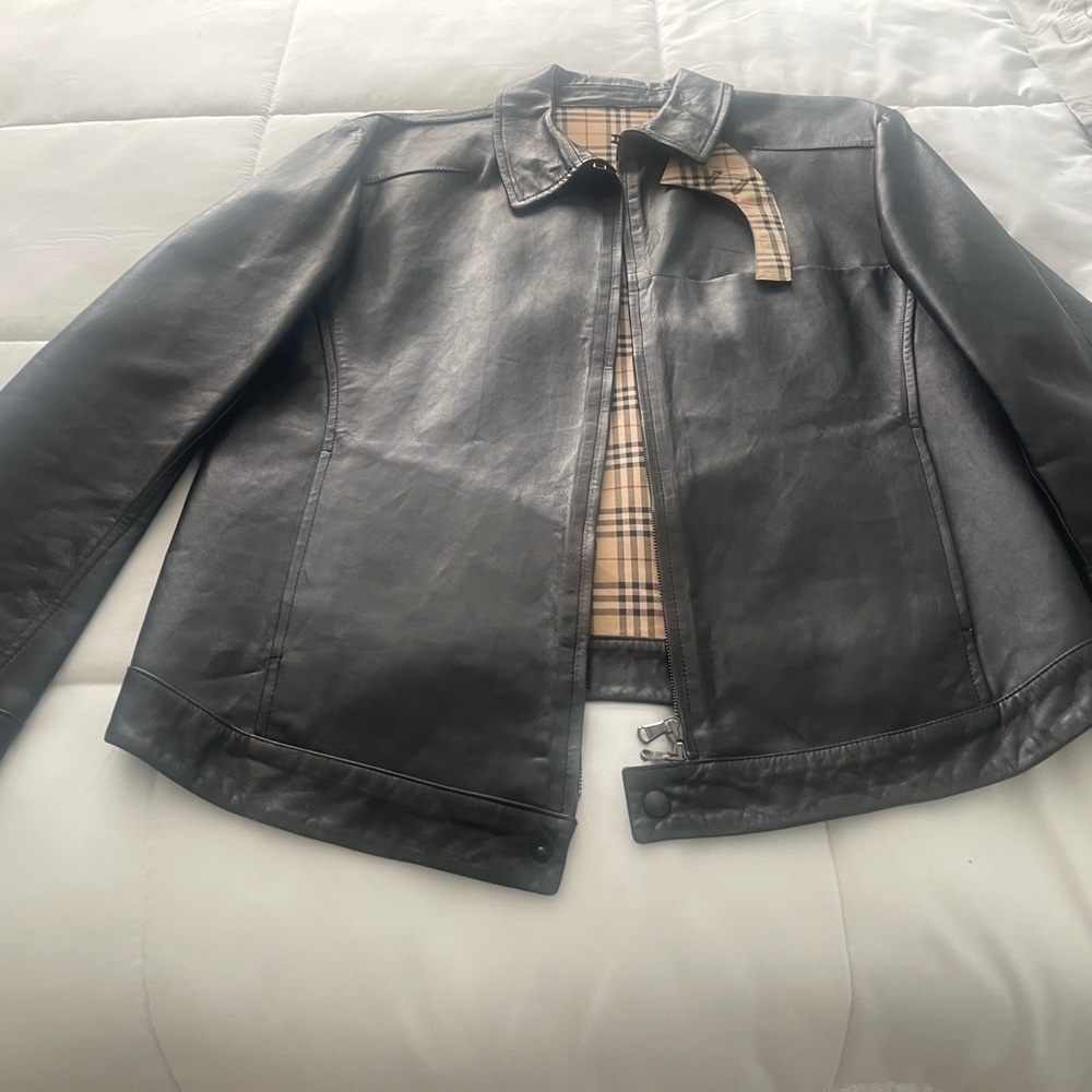 Burberry Black Leather Jacket with Check Lining
